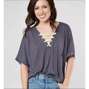 Daytrip Womens Tattered Lace Up V-Neck Top-Graystone-Size Medium-GUC